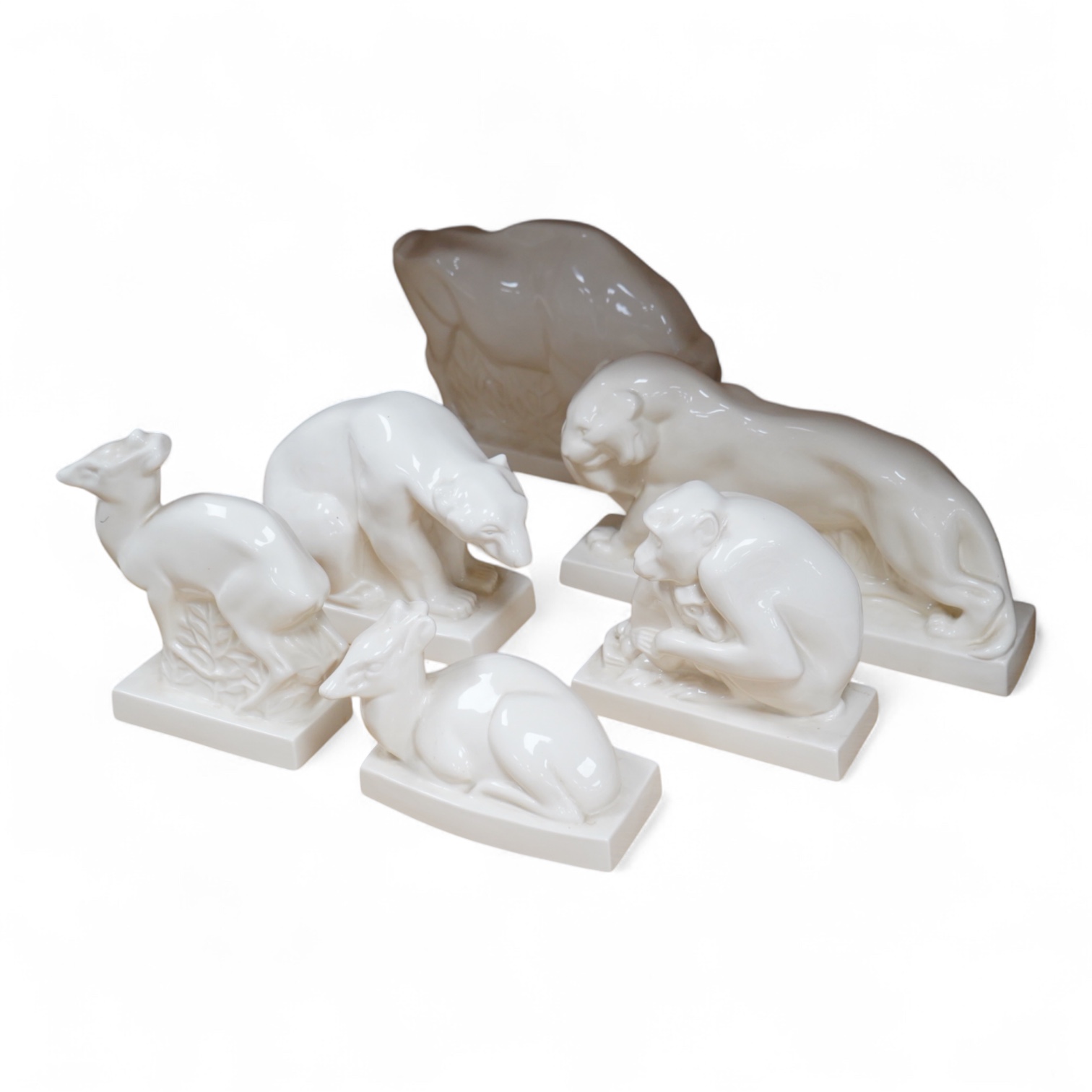 John Skeaping for Wedgwood, six animal figures comprising a Bison, Tiger, Polar Bear, deer, monkey and deer, largest 34cm wide